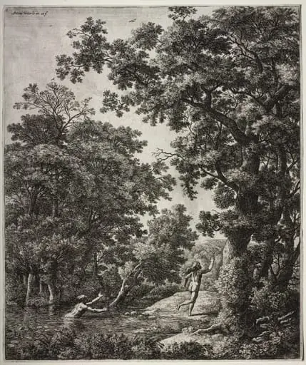 Six large upright landscapes with scenes from Ovid's Metamorphoses, by Antonie Waterloo