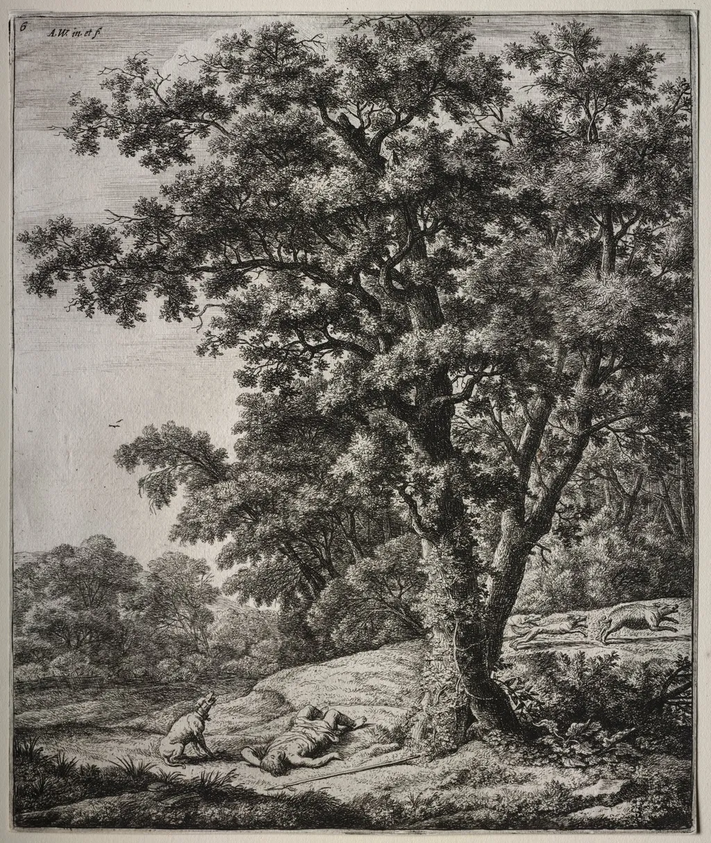 Six large upright landscapes with scenes from Ovid's Metamorphoses: The Death of Adonis, by Antonie Waterloo, 1665