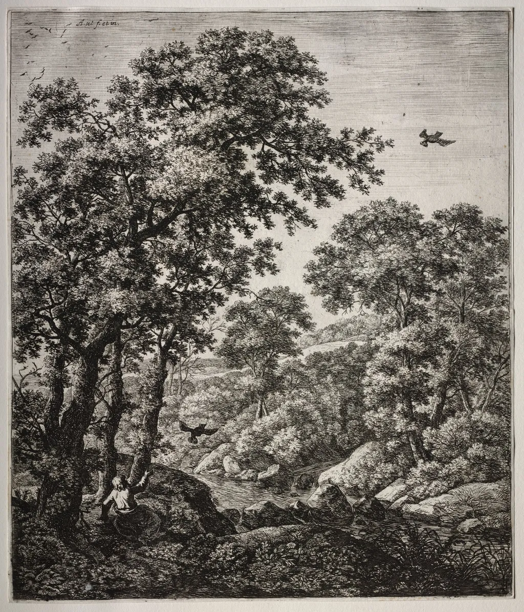 Six large upright landscapes with scenes from the Old Testament: Elijah Fed by the Ravens, by Antonie Waterloo, 1665