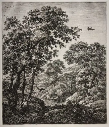 Six large upright landscapes with scenes from the Old Testament: Elijah Fed by the Ravens, by Antonie Waterloo