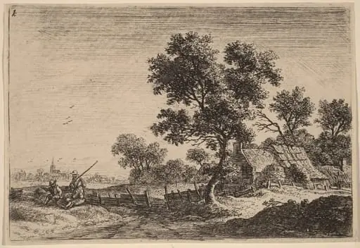 Three Peasants on a Knoll outside a Hamlet, by Antonie Waterloo
