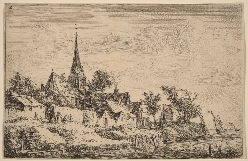 Village Steeple at the Seaside, by Antonie Waterloo, ink, 1650