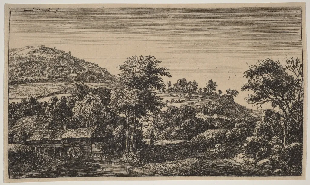 Watermill at the Foot of a Hill, by Antonie Waterloo, ink, 1650