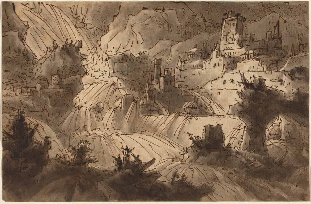 Mountain Torrents Flooding a City, by Antonio Basoli, ink, 1839