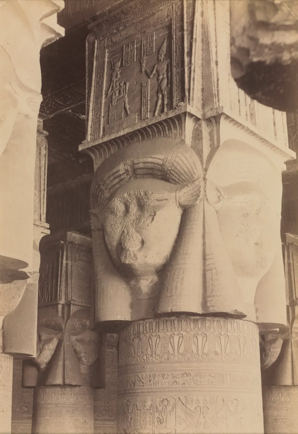 Dendera, Interior of the Temple, Hathor Capitals, by Antonio Beato, 1874