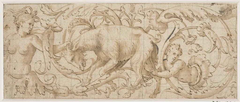 Frieze of foliated ornament containing a goat and two human figures, by Antonio Campi, 1550