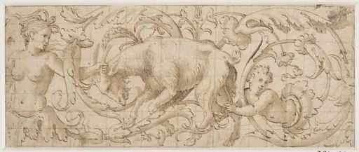 Frieze of foliated ornament containing a goat and two human figures, by Antonio Campi