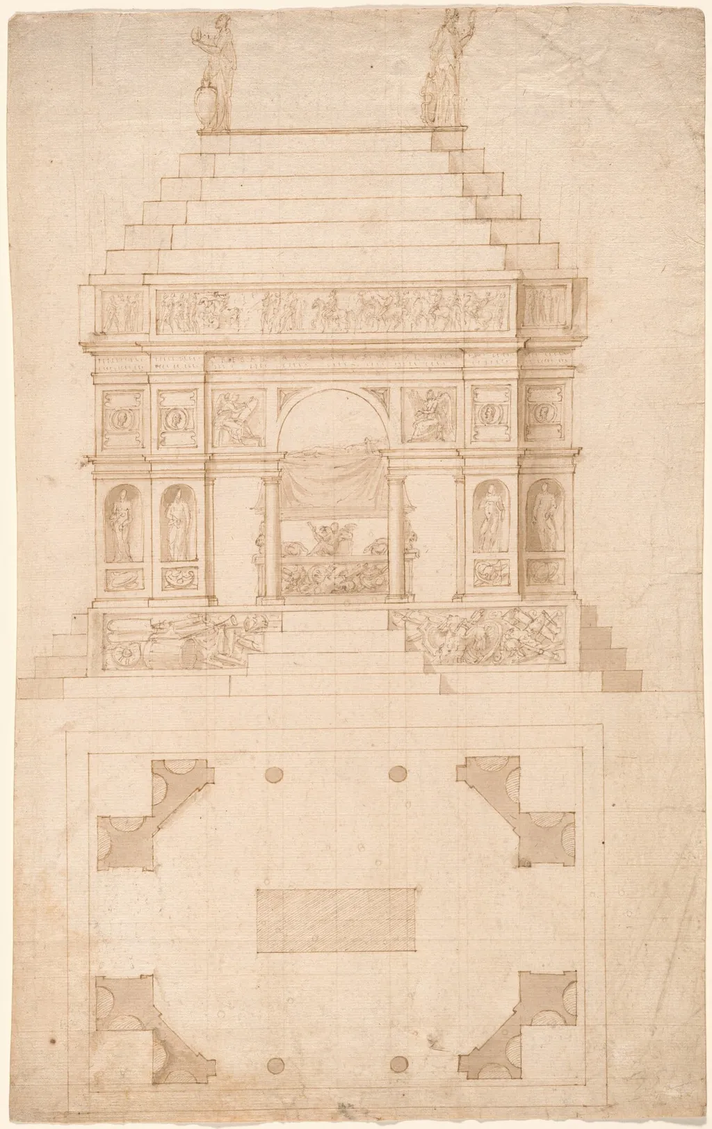 An Imperial Tomb: Elevation and Ground Plan, by Antonio da Sangallo, ink, 1530
