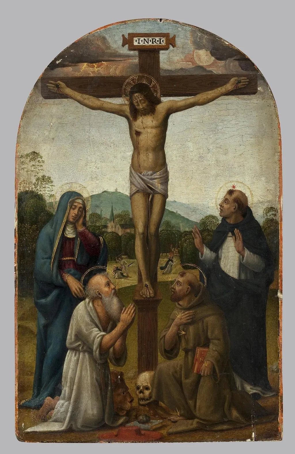 Crusifixion with the Virgin Mary and Sts Dominic, Jerome and Francis, by Antonio del Ceraiolo, tempera, 1529