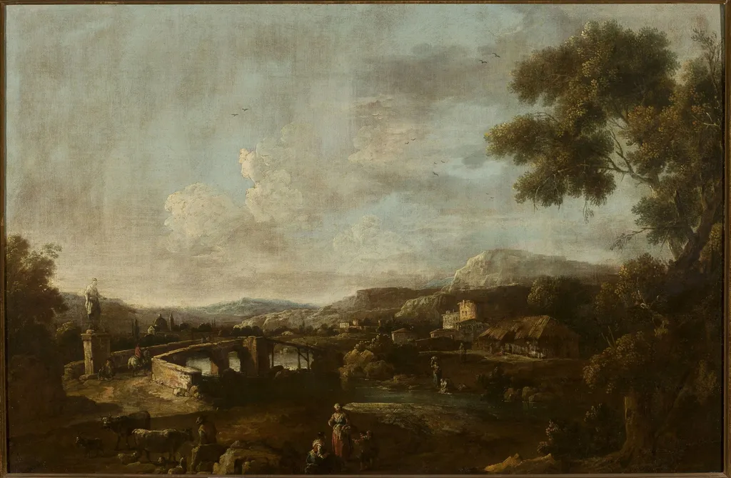 Landscape with staffage, by Antonio Diziani, oil, 1777