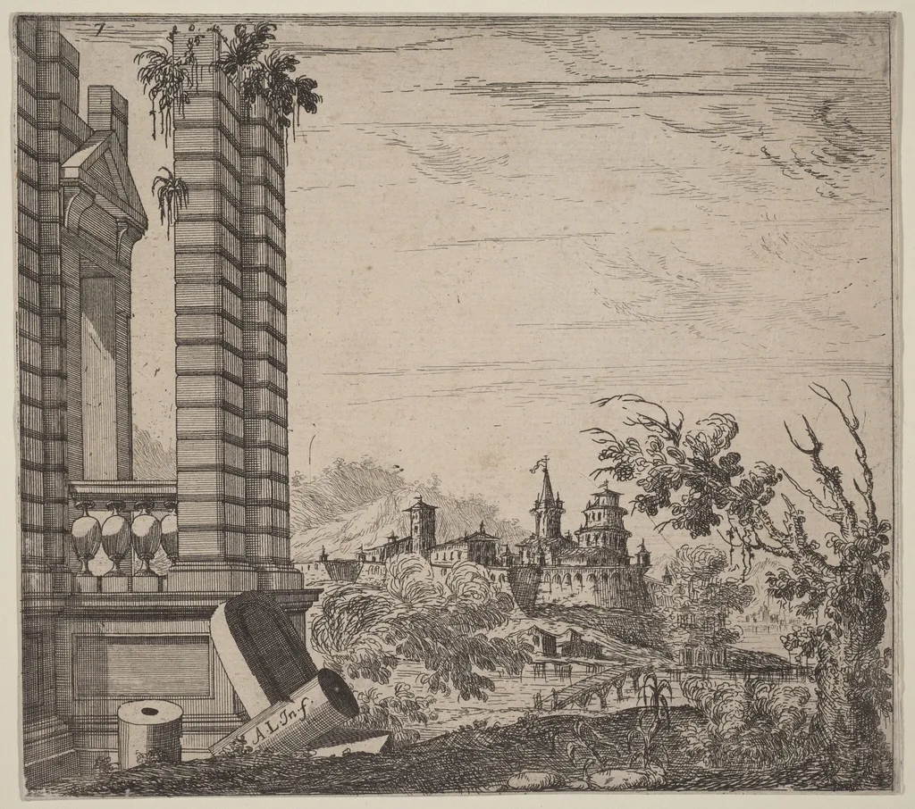 Landscape with Ruins, by Antonio Francesco Lucini, ink, 1601