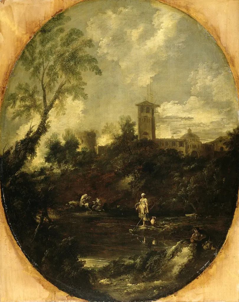 Landscape with Monks, Pilgrim and Peasant Woman, by Antonio Francesco Peruzzini