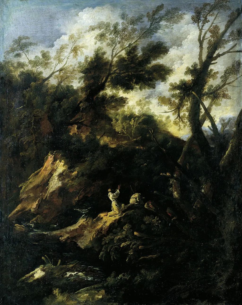Landscape with Two Praying Monks, by Antonio Francesco Peruzzini, unspecified, 1698