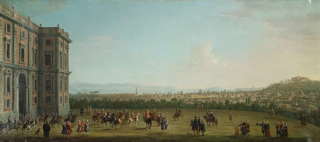 Ansicht von Neapel vom Palazzo di Capodimonte (Im Vordergrund Ferdinand IV. als Kind mit Gefolge beim Ausritt), by Antonio Joli