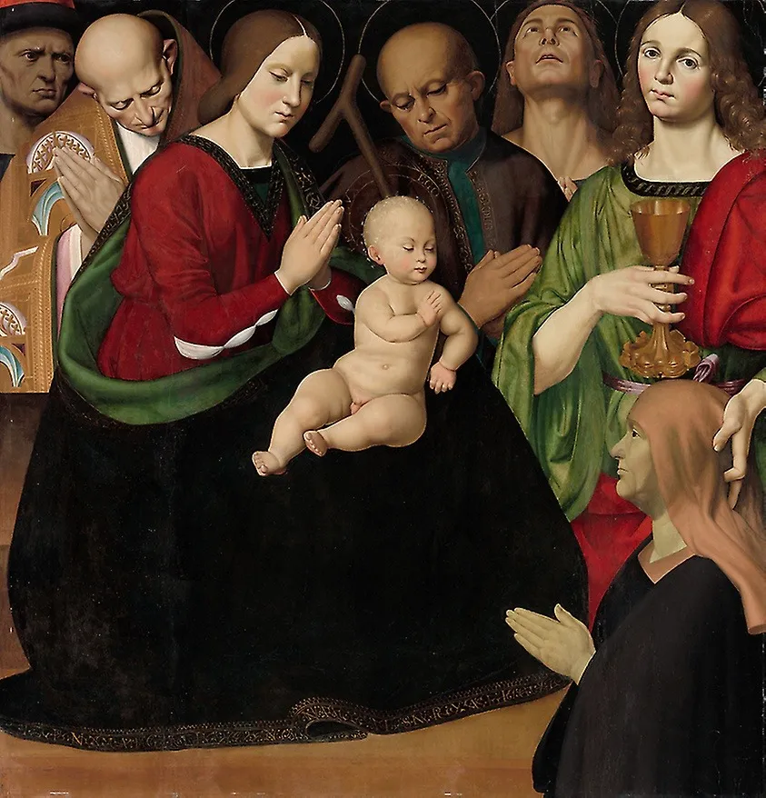 The Holy Family with Four Saints and a Female Donor, by Antonio Rimpacta, unspecified, 1510