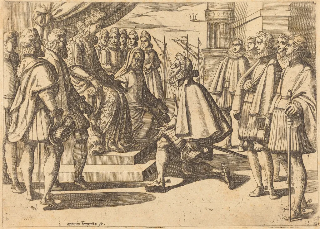 Spanish Duke before Margaret of Austria, by Antonio Tempesta, ink, 1612