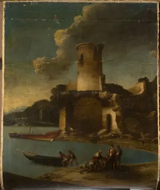 Landscape with fishermen and a tower, by Antonio Travi, 1647