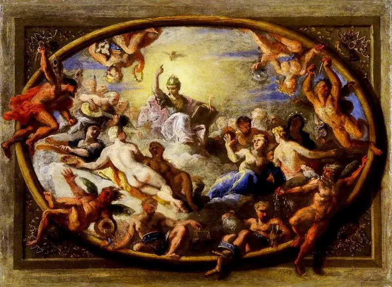 Minerva with Allegorical Figures of the Arts and Sciences (sketch for the ceiling of the Banqueting House, Hampton Court Palace), by Antonio Verrio