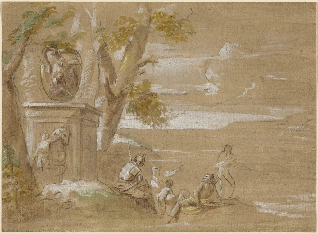 A Landscape with Seated Soldiers and Fishermen, by Antonio Visentini, chalk, 1735