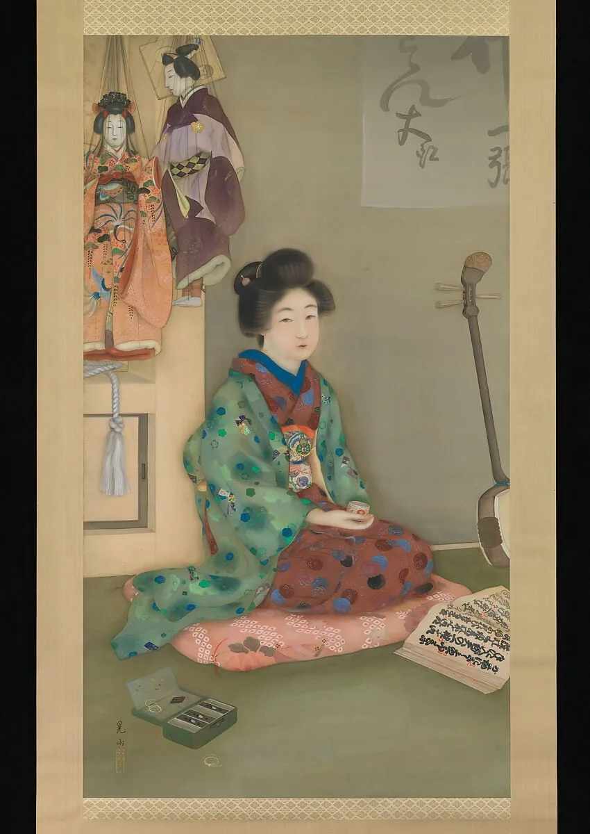 娘義太夫|Female Chanter for Jōruri Puppet Theater, by Arai Kōu, ink, 1920