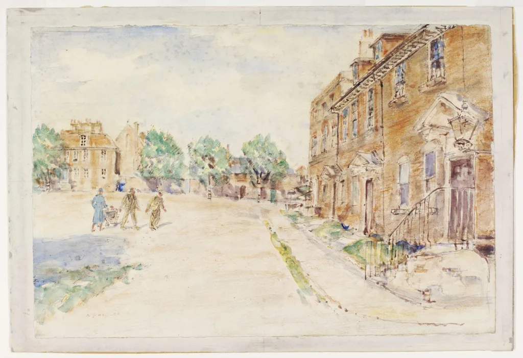 18th century houses at The Butts, Brentford, by Archibald Standish Hartrick, watercolor, 1940