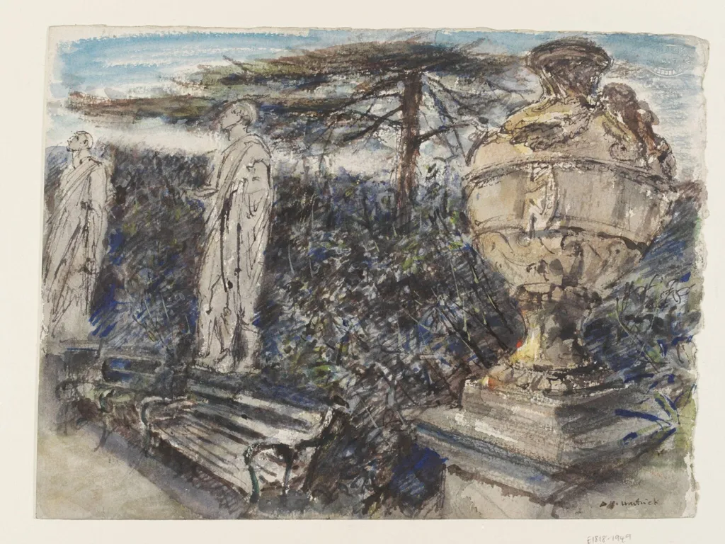 Chiswick House Garden, with statues of Caesar and Cicero, and Vase from Hadrian's Villa, by Archibald Standish Hartrick, watercolor, 1940