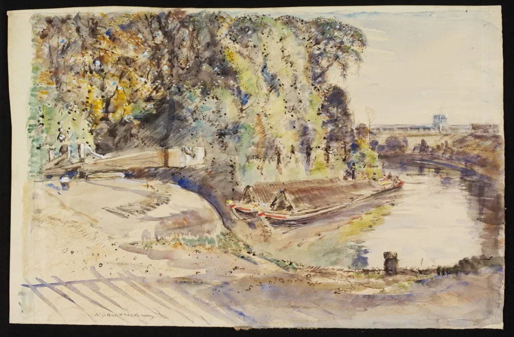 Lock at the junction of the River Brent with the Grand Union Canal, by Archibald Standish Hartrick, watercolor, 1940