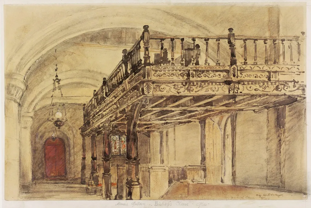Music Gallery, St. Michael's Church, Bishop's Cleeve, by Archibald Standish Hartrick, watercolor, 1940