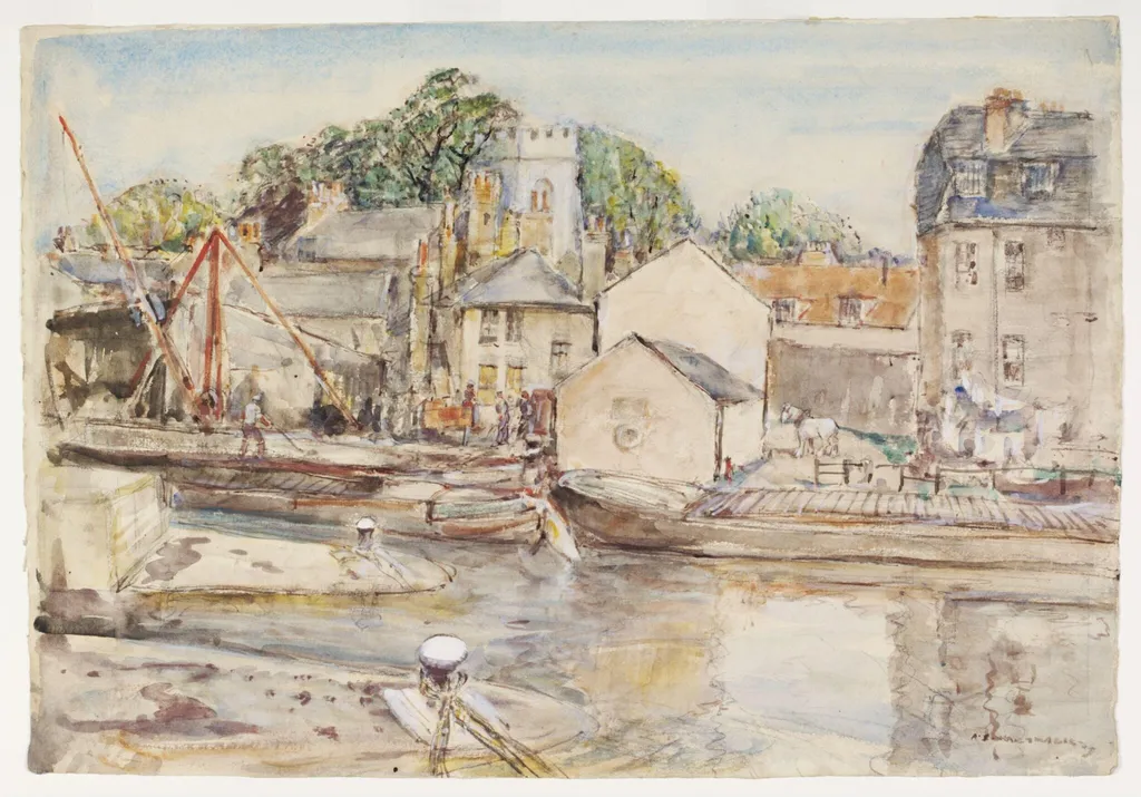 The Locks on Grand Union Canal at Brentford Bridge, by Archibald Standish Hartrick, watercolor, 1940