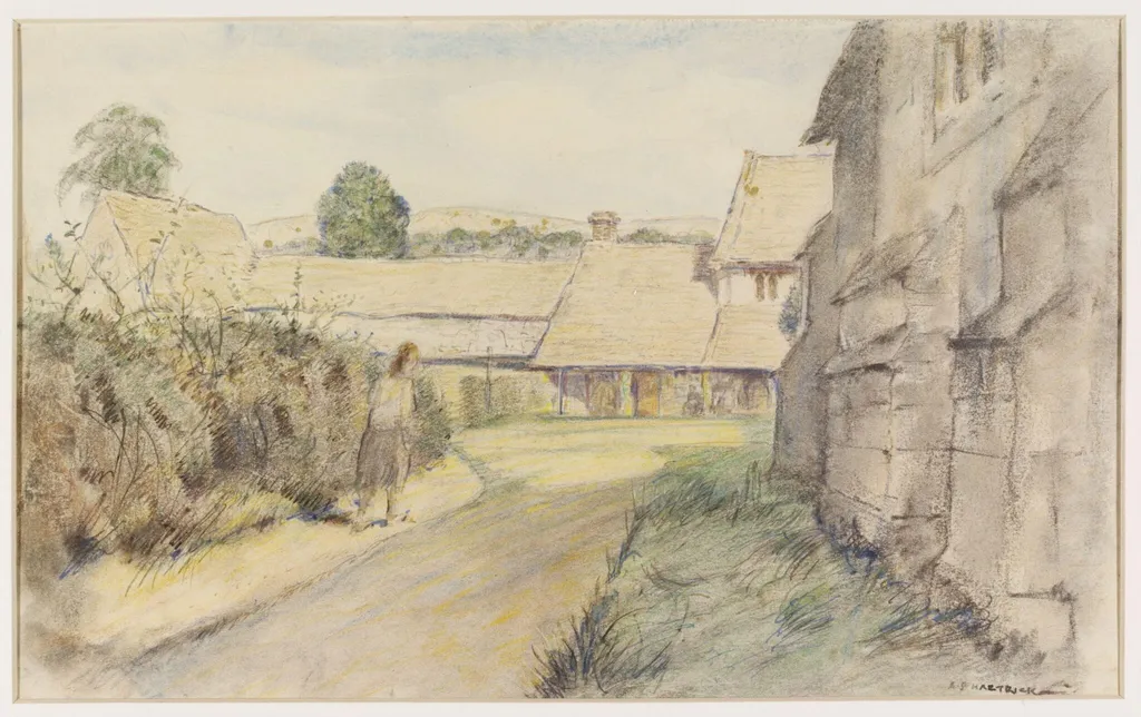 The Priory Farm and 13th century Chapel, Southam de la Bere, Nr. Cheltenham, by Archibald Standish Hartrick, watercolor, 1940