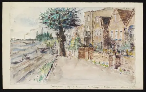 Zachary House, Zoffany House and the Moorings, Strand-on-the-Green, Chiswick, by Archibald Standish Hartrick