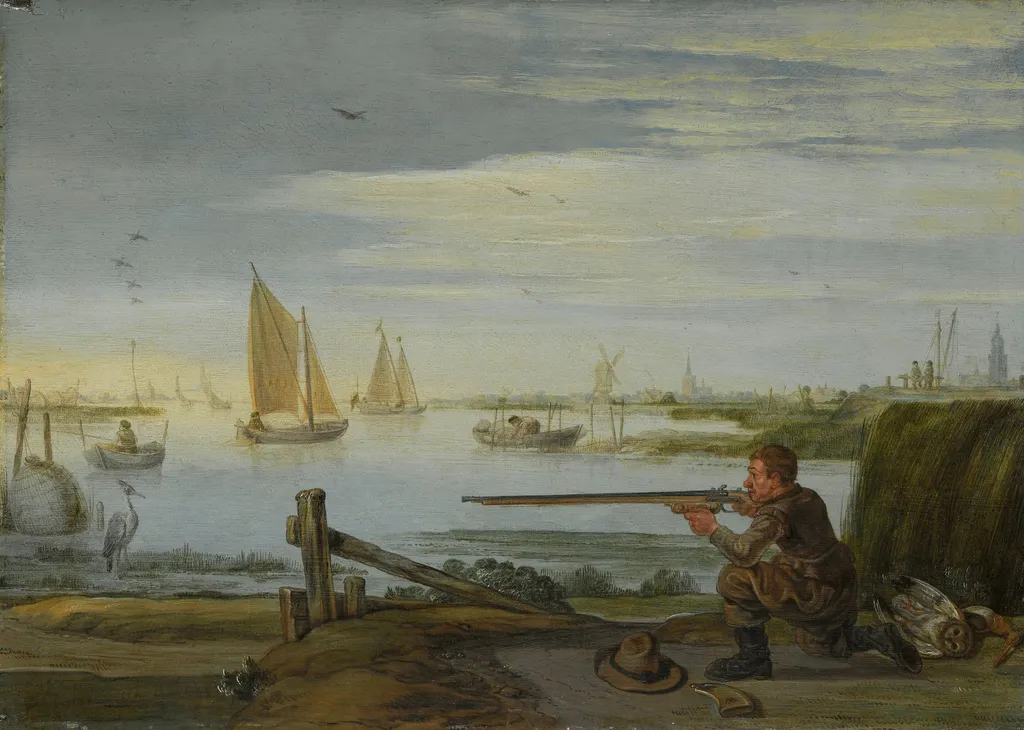 A bird hunter on a riverbank, by Arent Arentsz, oil, 1628