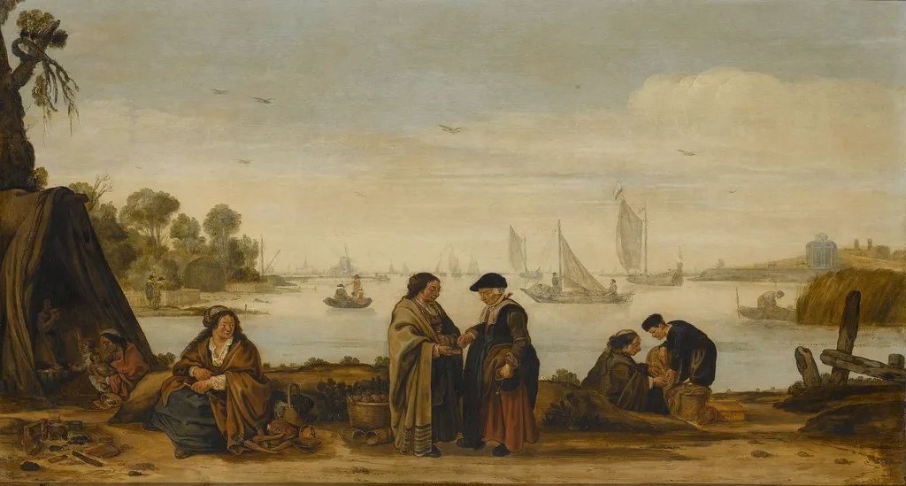 River landcape with gypsies, by Arent Arentsz, oil, 1628