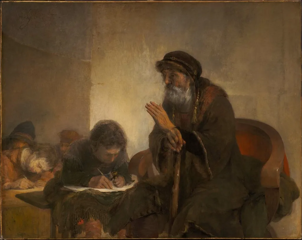 Homer Dictating to Scribes, by Arent de Gelder, oil, 1705