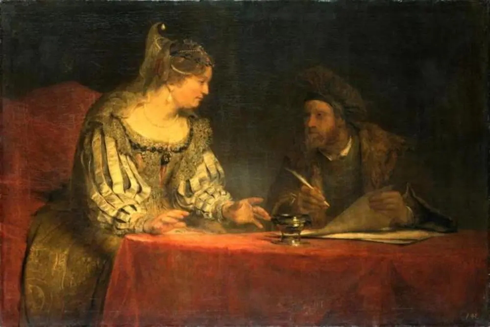 Mordecai and Esther write letters in King Ahasuerus' name (Esther 8), by Arent de Gelder