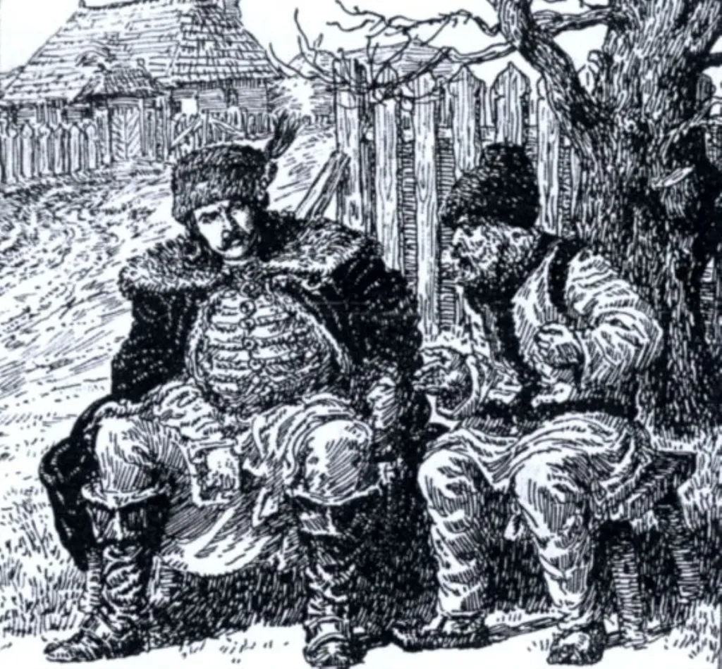 Tudor și moș Mitru, ilustrație la volumul „Neamul Șoimăreștilor” de Mihail Sadoveanu, by Aristomene Murnu-Gheorghiades, 1949