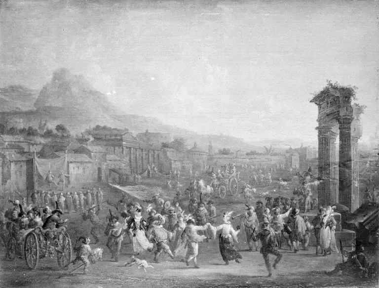 Italian Landscape with Carnival and Comedians, by Arnold Frans Rubens, unspecified, 1714