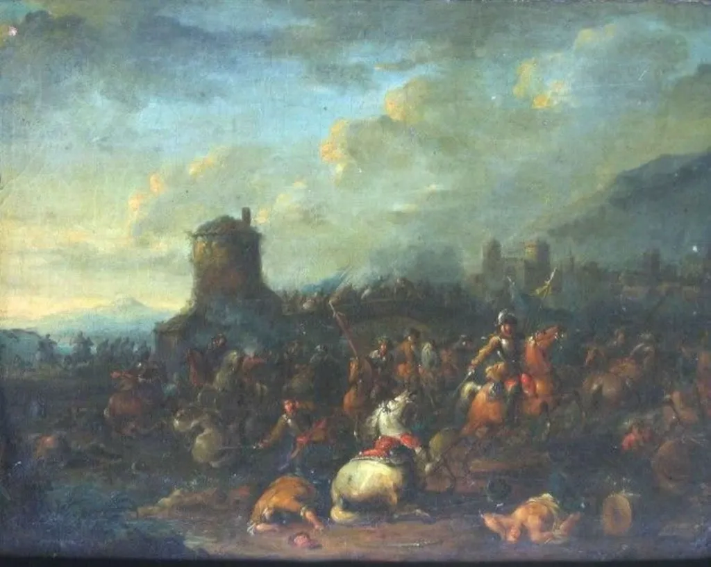 Luptă de cavalerie (Bătălie în fața podului), by Arnold Frans Rubens, unspecified, 1642