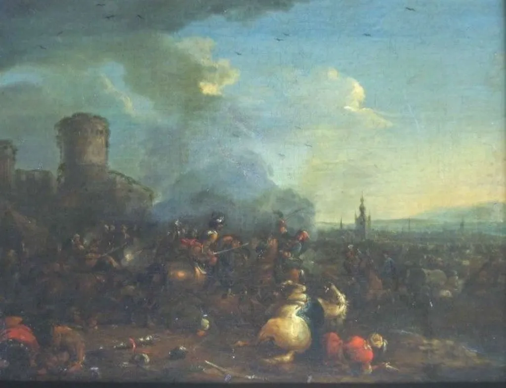 Luptă de cavalerie lângă un castel, by Arnold Frans Rubens, unspecified, 1642