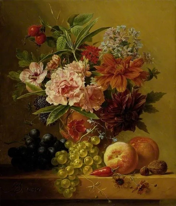 Pot of flowers and fruit, by Arnoldus Bloemers, oil, 1828