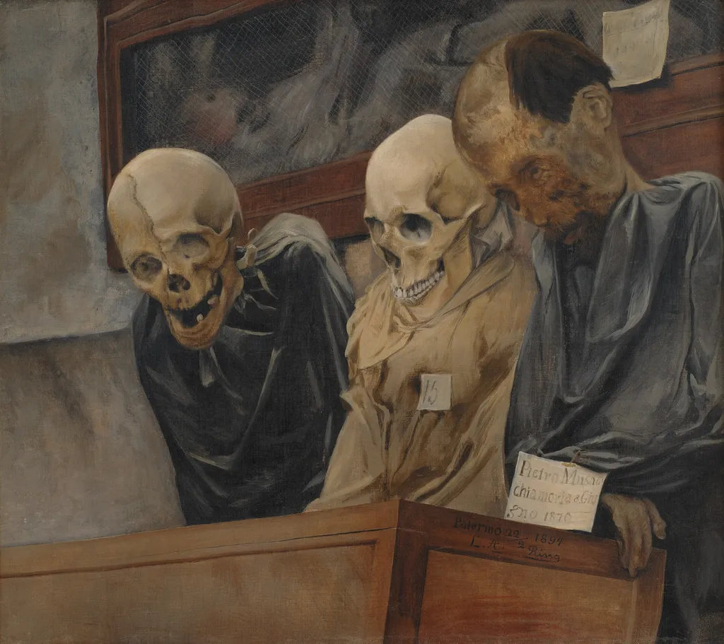 Three Skulls from Convento dei Cappucini at Palermo, by Art Garfunkel, oil, 1898