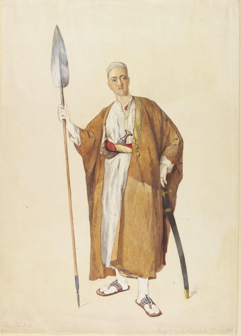 Vika Viswahali. Dress of an (E) Mswahali of Zanzibar - About 1866. Arthur Ackland Hunt, by Arthur Ackland Hunt, watercolor, 1866