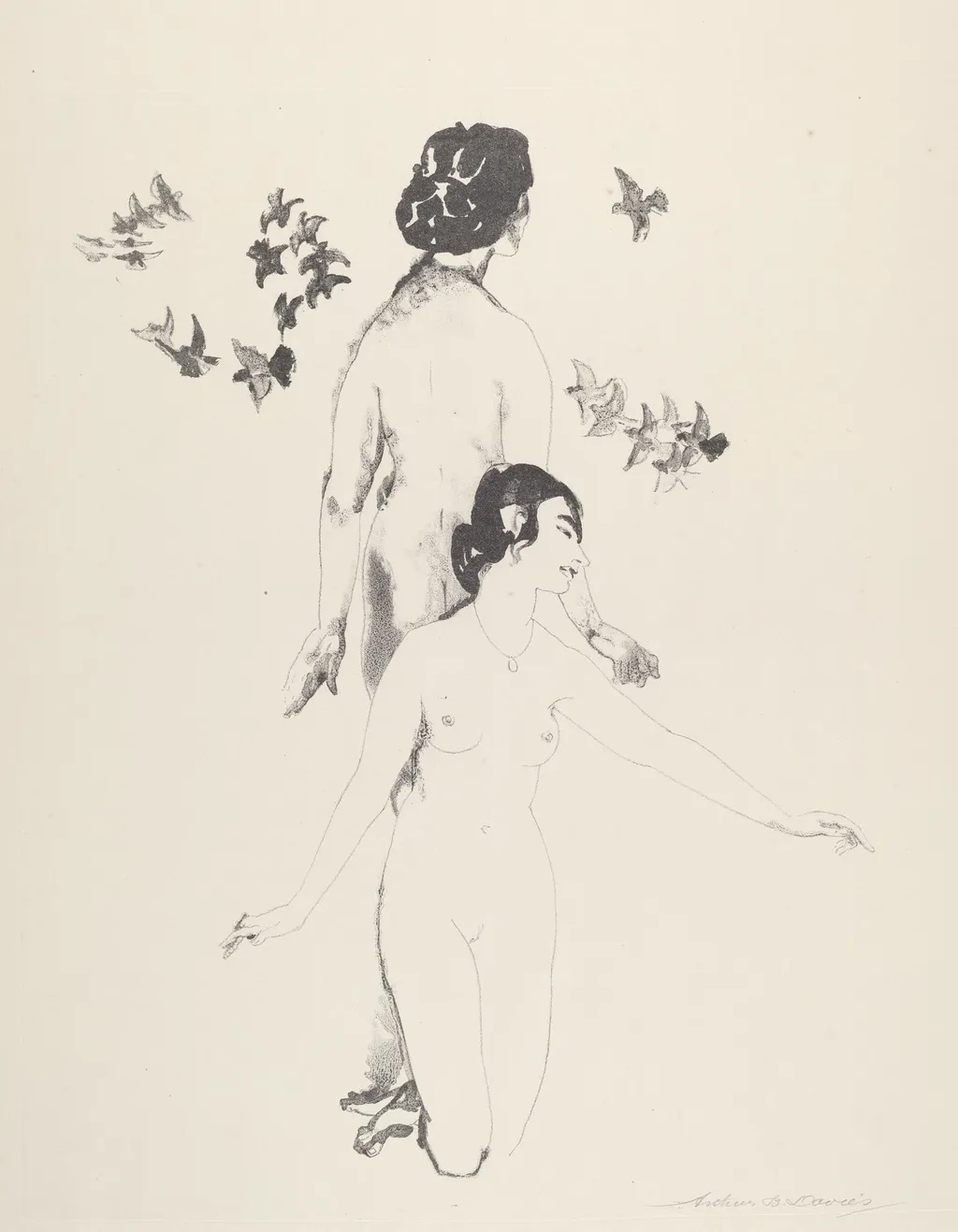 Circling Doves, by Arthur Bowen Davies, ink, 1921