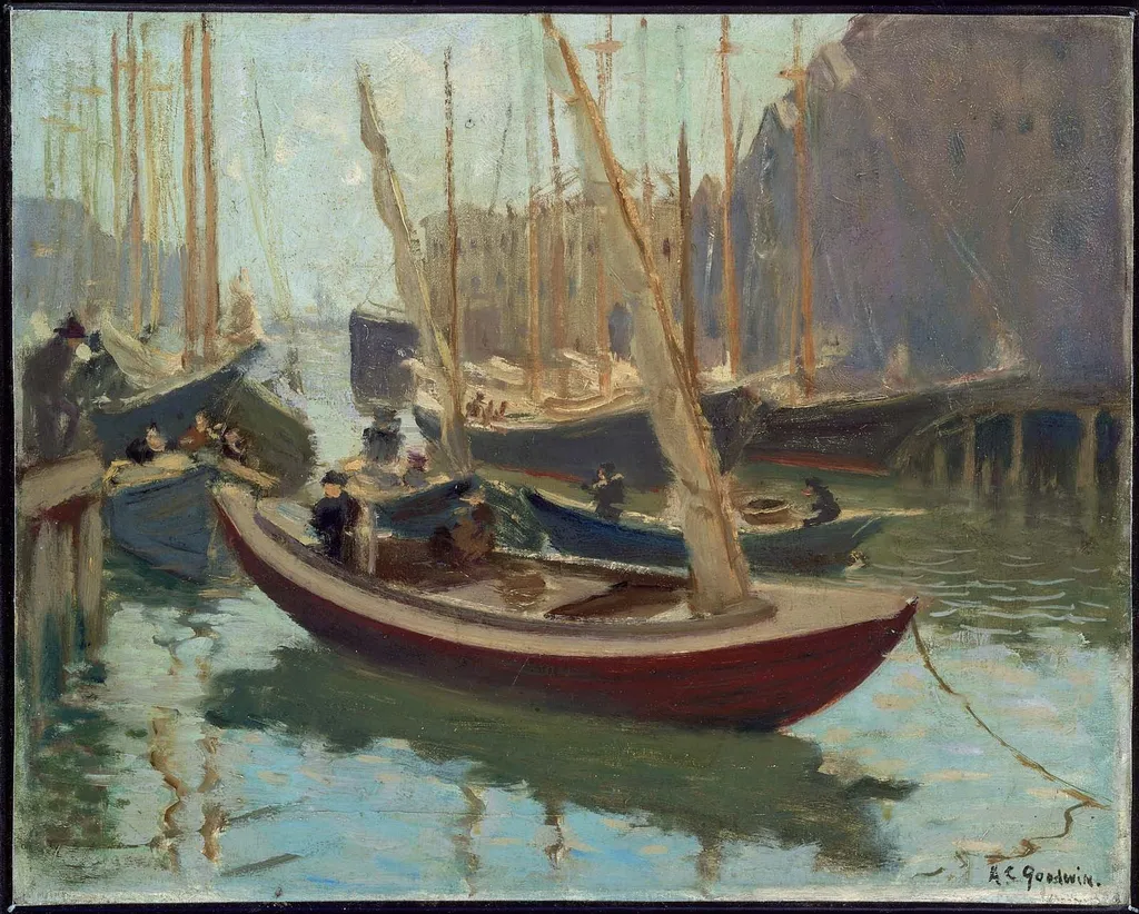 Boats at T Wharf, by Arthur Clifton Goodwin, oil, 1915