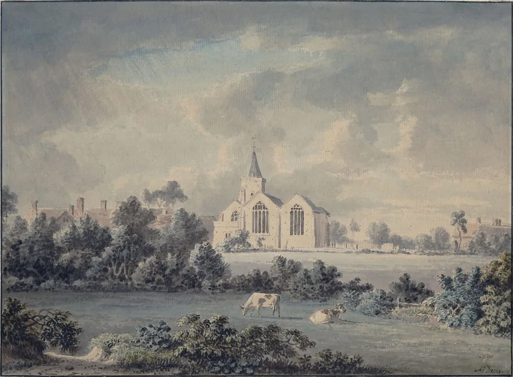 Landscape with church and houses, by Arthur Devis, watercolor, 1750