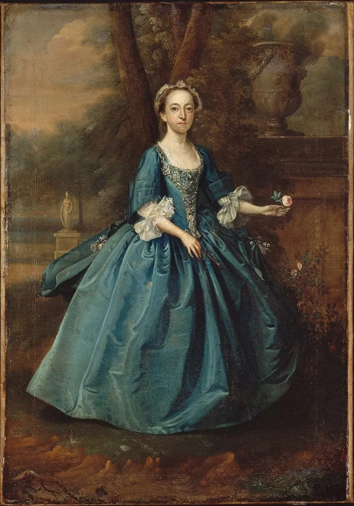 Portrait of a Woman Standing in a Garden, by Arthur Devis, oil, 1739