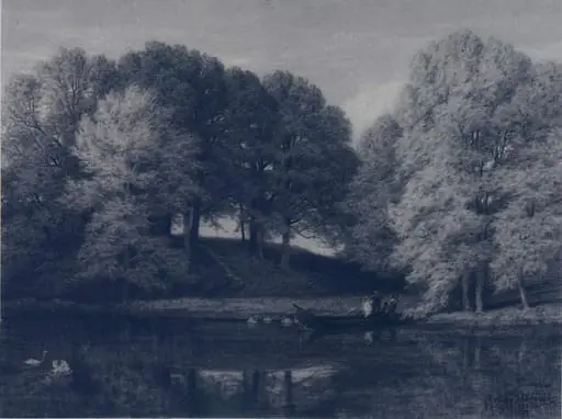 Landscape with boat and swans, by Arthur Ditchfield