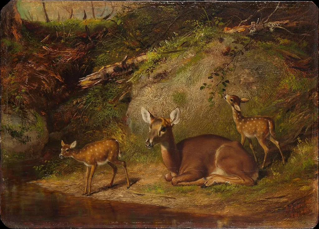 Doe and Two Fawns, by Arthur Fitzwilliam Tait, oil, 1882