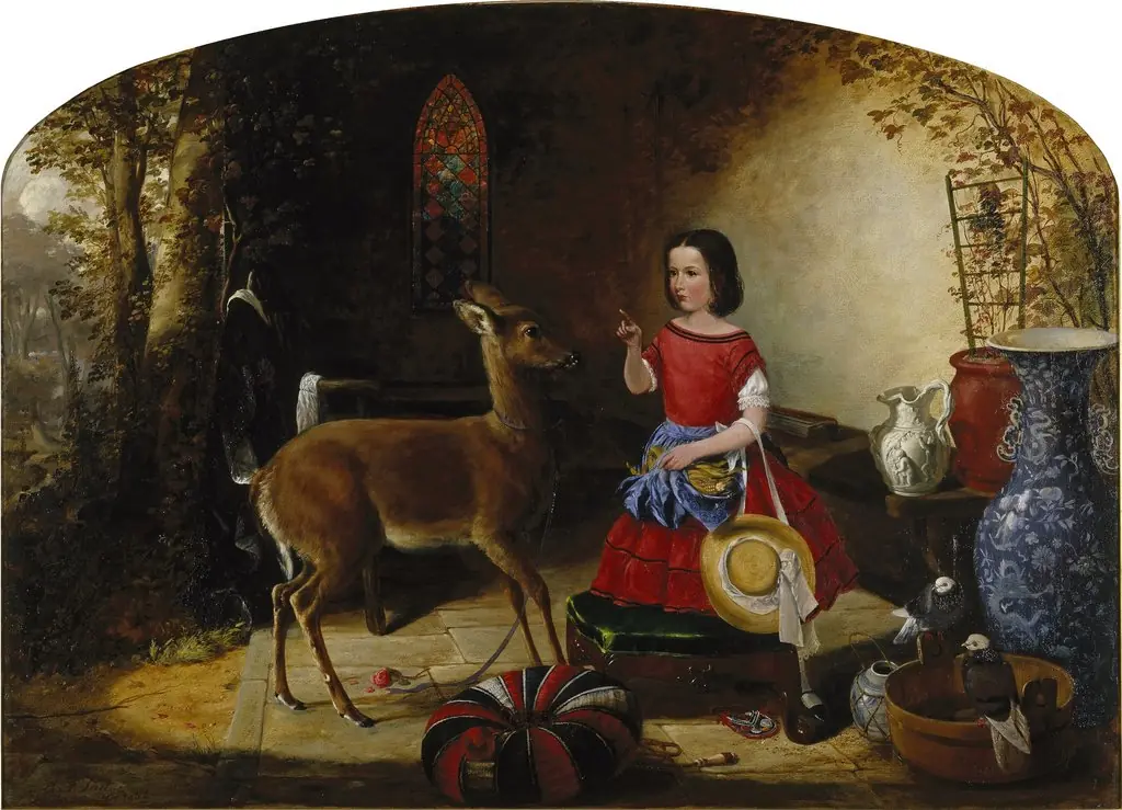 The Reprimand. Ah! You Naughty Fawn, You Have Been Eating the Flowers Again., by Arthur Fitzwilliam Tait