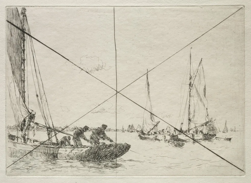 Oyster Dredging, West Mersea, by Arthur John Trevor Briscoe, 1918